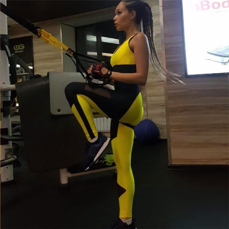 Women Sexy Fitness Mesh Patchwork Backless Yoga Set