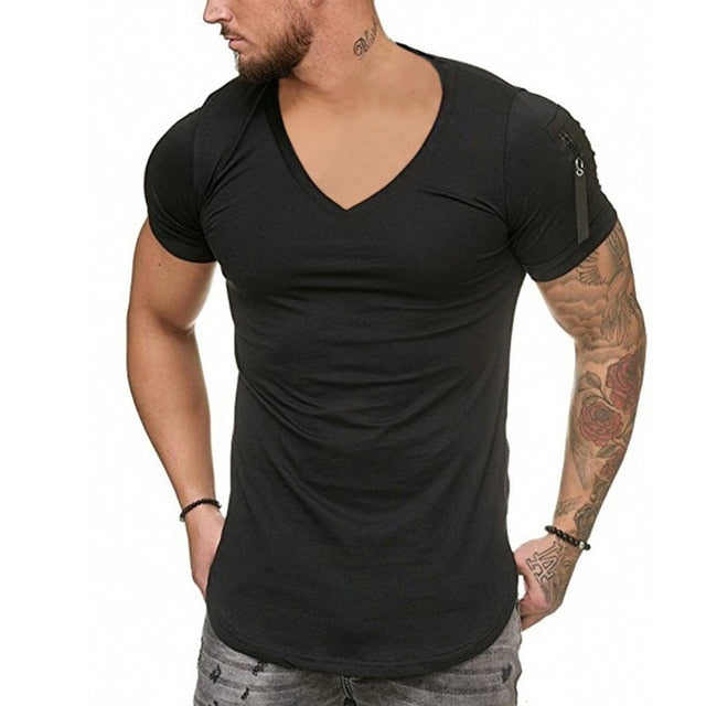 Short Sleeve Zipper Shoulder Streetwear Hip Hop Summer T Shirt Men Longline Curved Hem Tshirt Slim Funny T-Shirt Plus Size M-3XL