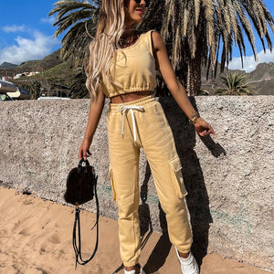 Women Sportswear Crop Top & Drawstring Pants Tracksuit